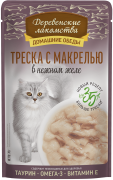 ДЕРЕВЕНСКИЕ ЛАКОМСТВА Домашние обеды пауч для кошек треска с макрелью в нежном желе 70г
