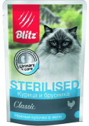 БЛИТЦ BLITZ Classic Sterilised пауч для стерилизованных кошек Курица и брусника, нежные кусочки в желе/ 85 гр